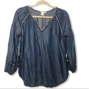 Chambray  boho Embroidered V Neck Long sleeved Top